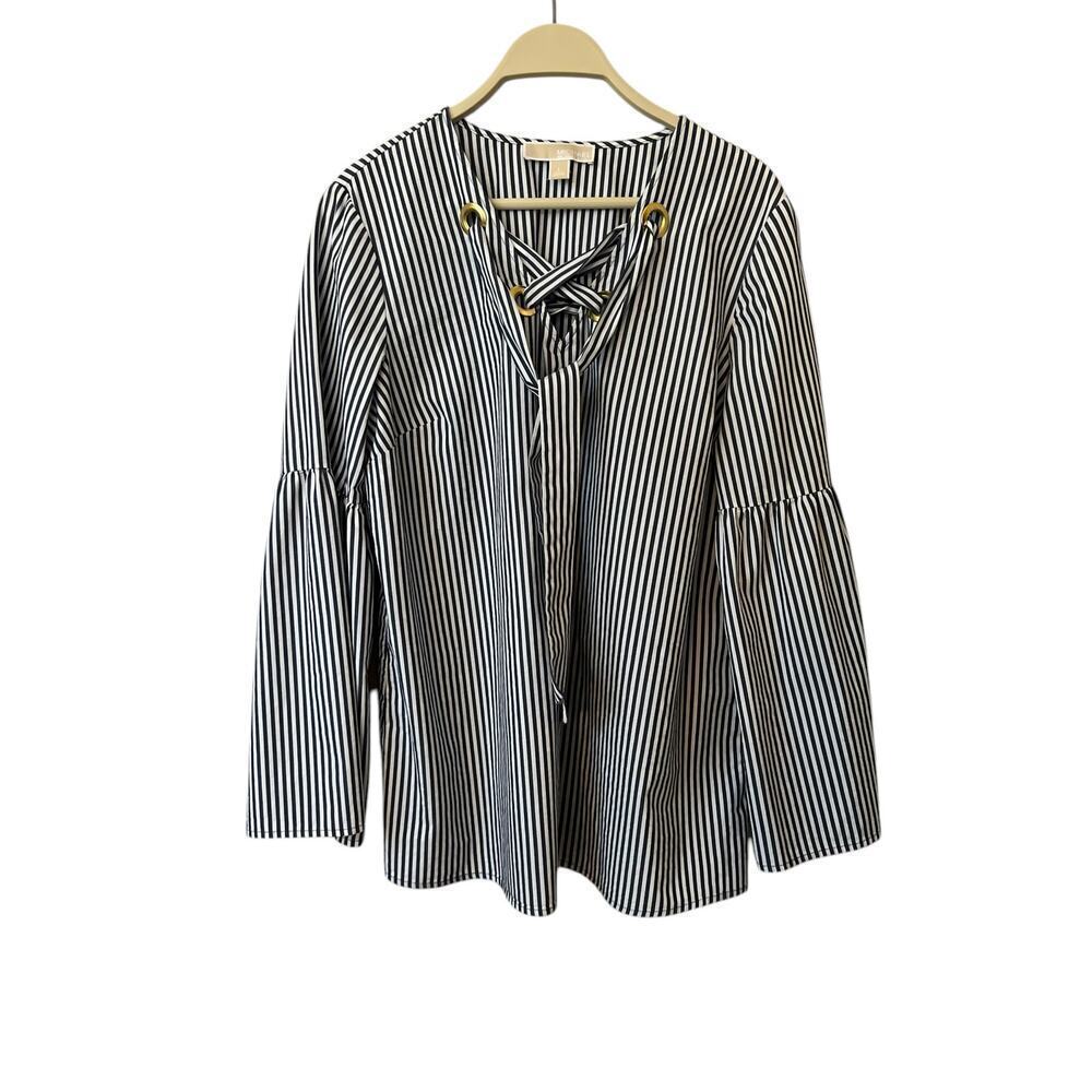 MICHAEL KORS WOMENS LONG BELL SLEEVE NAUTICAL STRIPED BLOUSE BLUE AND WHITE SZ L
